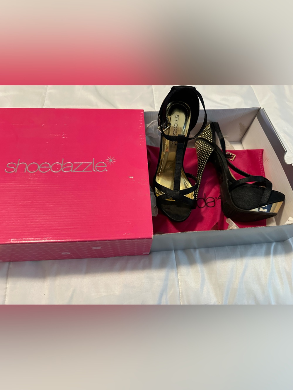 Shoe Dazzle Black Strappy Platform Heels with Gold Accents
